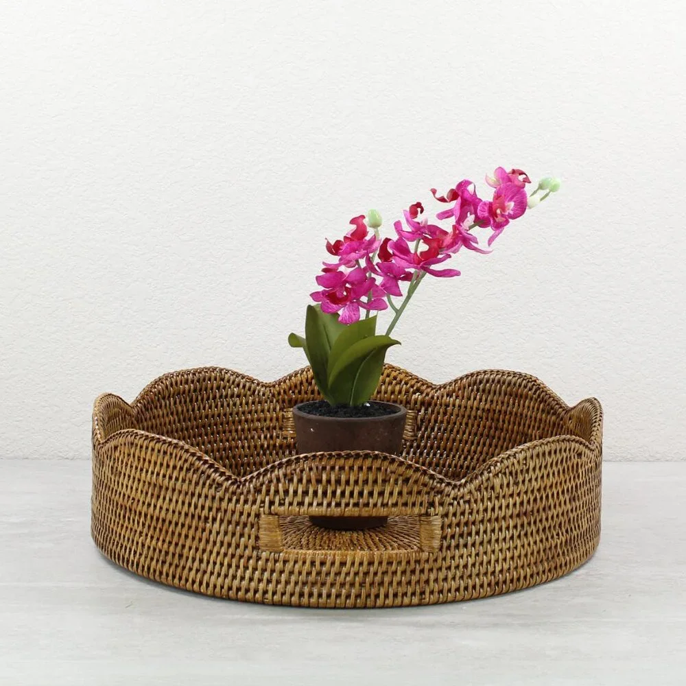 NEW Tight Woven Scalloped Round Rattan Tray - Honey Brown